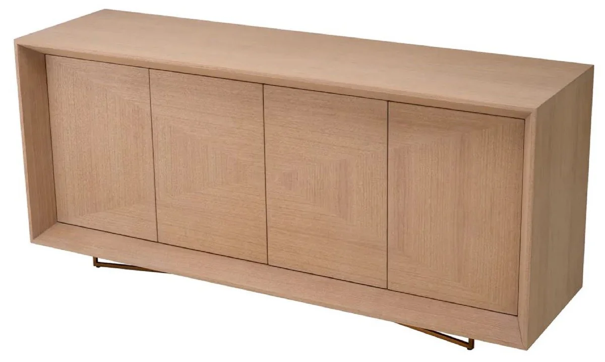 Casa Padrino aparador de lujo natural / latón 180 x 50 x A. 80,5 cm - Armario de chapa de roble con 4 puertas - Muebles de lujo - Muebles de hotel - Interiores de lujo