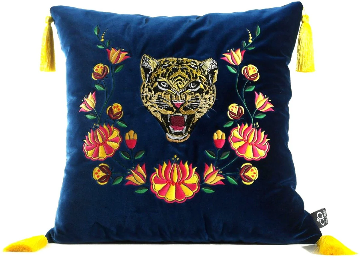 Casa Padrino almohada de lujo con borlas tigre azul / multicolor 45 x 45 cm - Tejido de Terciopelo Más Fino - Calidad de Lujo