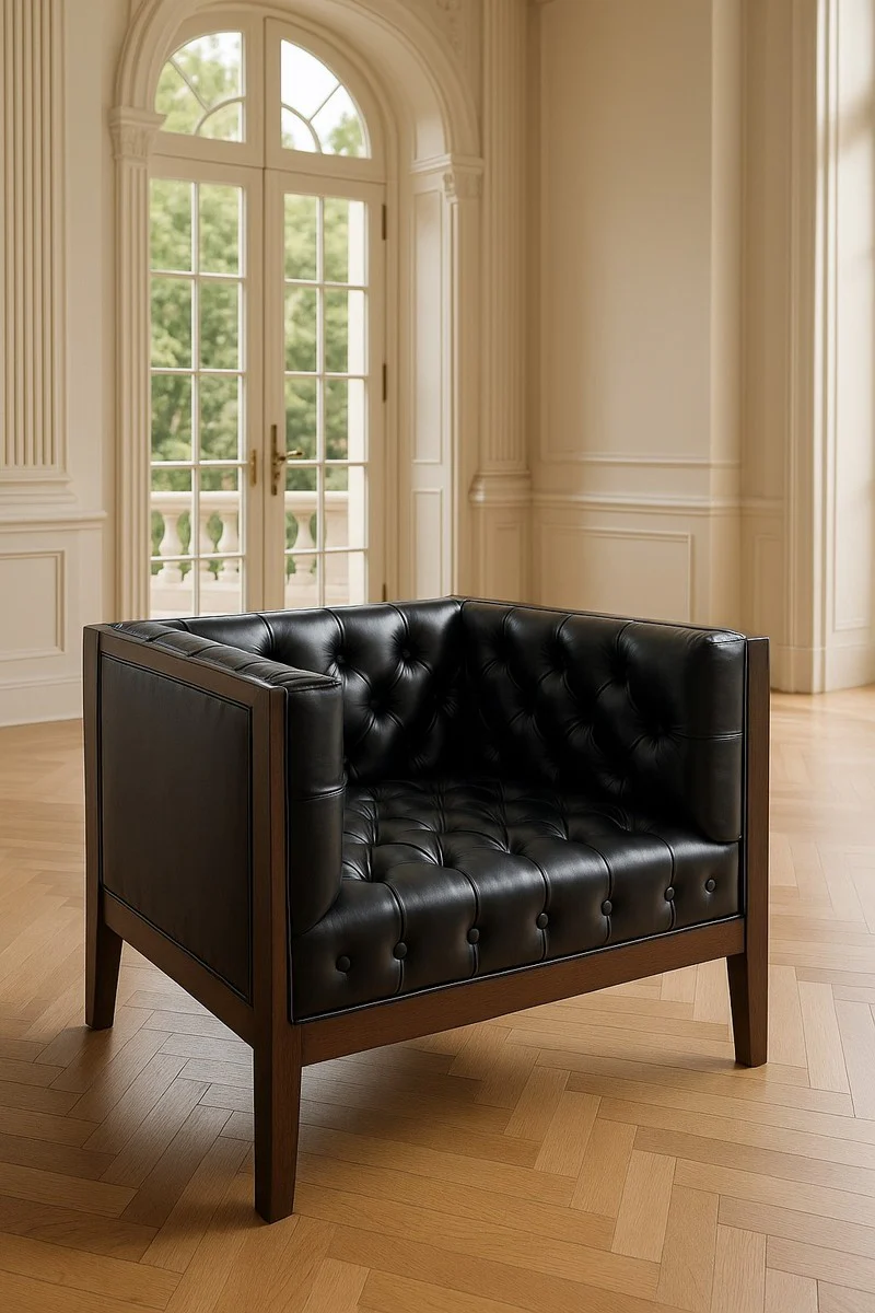 Casa Padrino sill¨®n de cuero Chesterfield de lujo negro / marr¨®n 91 x 78 x A. 72 cm - Sill¨®n de cuero genuino - Muebles Chesterfield - Muebles cuero genuino - Muebles de lujo