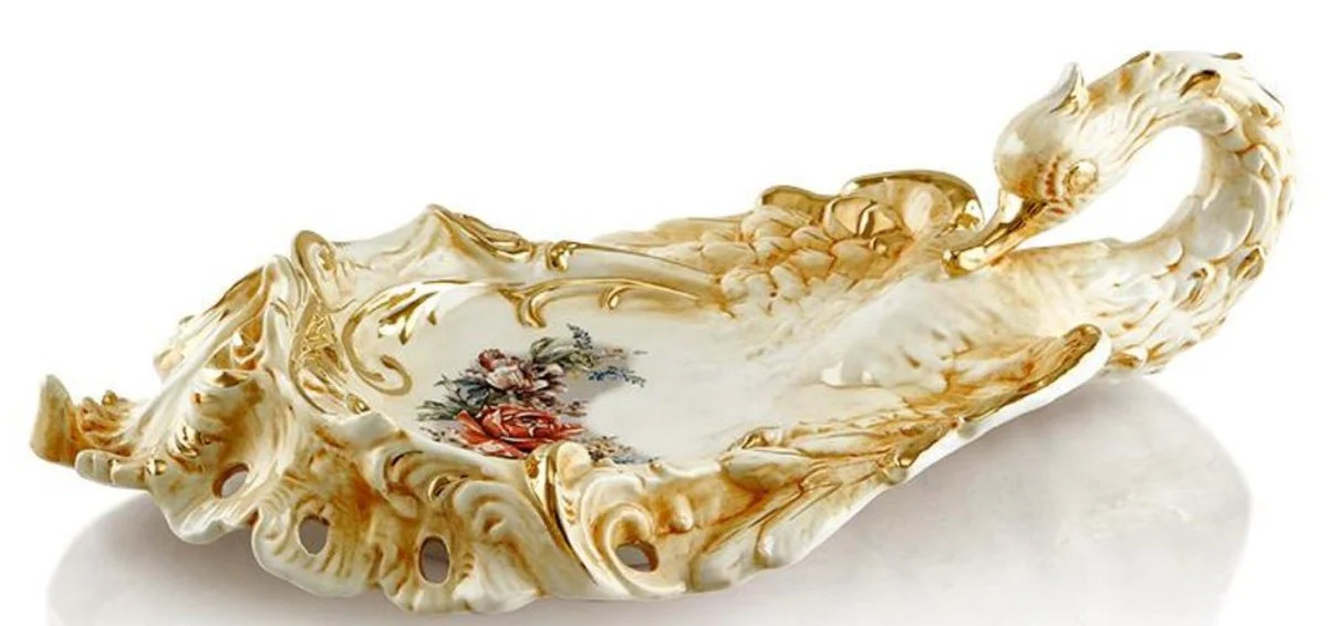 Casa Padrino Bandeja de Servir Barroco Cisne con Flores Oro / Blanco / Multicolor 54 x 30 x H. 16 cm - Bandeja Barroco de Cer¨¢mica Pintada a Mano