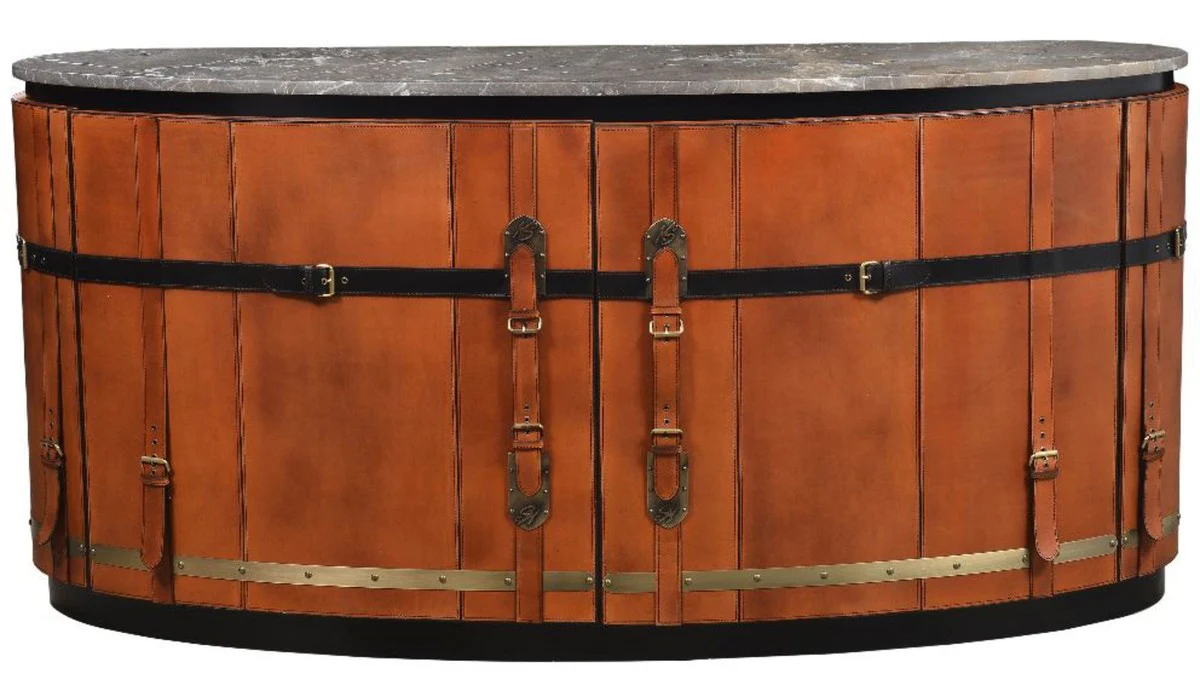 Casa Padrino aparador de lujo marrón / negro / gris / latón 184 x 48 x A. 87 cm - Armario curvo de madera maciza con 2 puertas y tapa de mármol - Muebles de salón - Muebles de lujo