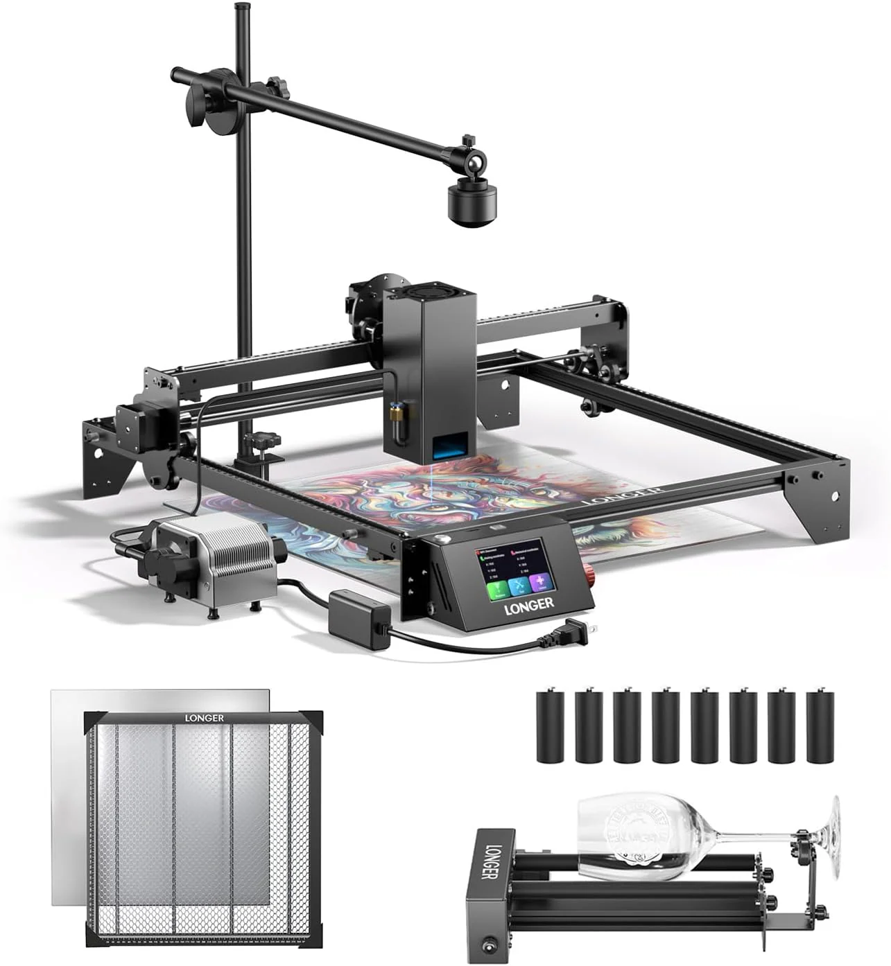 Longer RAY5 20W Laser Cutter and Laser Engraver for Tumblers, with Rotary Roller Bundle, 17.3x 17.3 Honeycomb Working Bed, Camera Kit, and Air Pump Laser Engraver for Wood and Metal, Acrylic