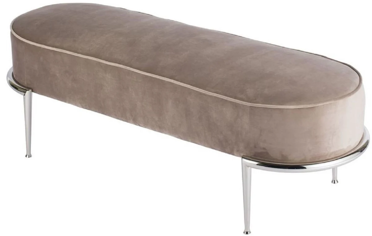 Casa Padrino banco de lujo taupe / plata 120 x 50 x A. 47 cm - Banco acolchado de terciopelo con estructura de acero inoxidable - Muebles de Lujo