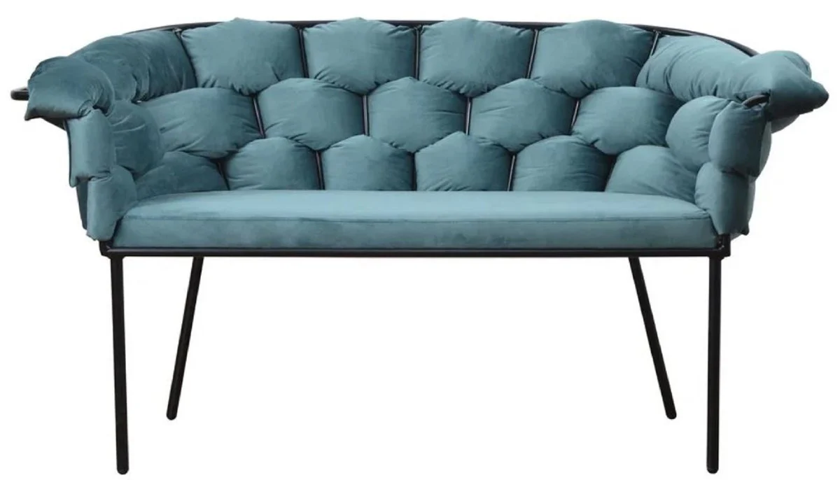 Casa Padrino Banco de Dise?o de Lujo Azul Claro / Negro 134 x 59 x A. 74 cm - Banco Tapizado con Apoyabrazos y Respaldo - Muebles de Sal¨®n - Muebles de Lujo - Interiores de Lujo