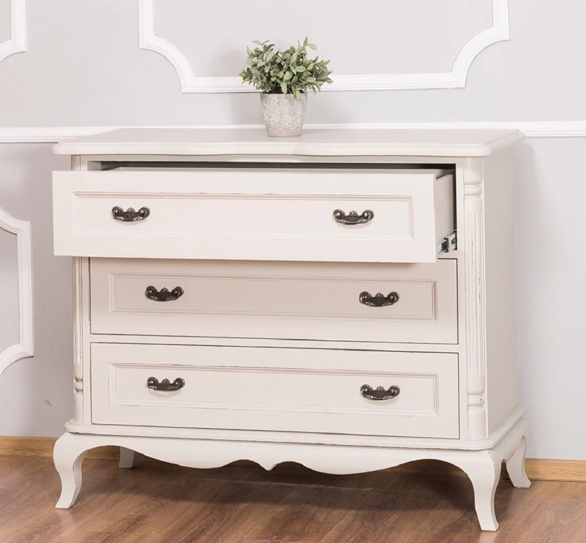 Casa Padrino c¨®moda de estilo campestre con 3 cajones gris claro antiguo 110 x 48 x H. 89 cm - Muebles de Estilo Campestre