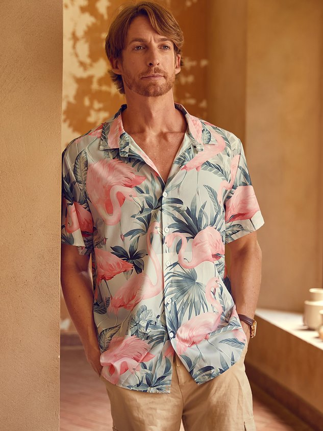 Men's Printed Casual Breathable Flamigo Short Sleeve Hawaiian Shirt