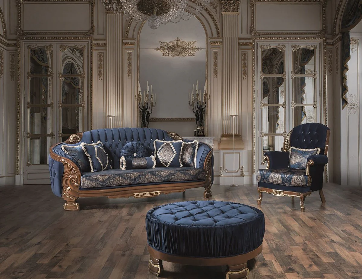 Casa Padrino sof¨¢ de sal¨®n barroco de lujo con pedrer¨ªa y almohadas decorativas azul / marr¨®n 240 x 90 x A. 105 cm - Noble y Adornado