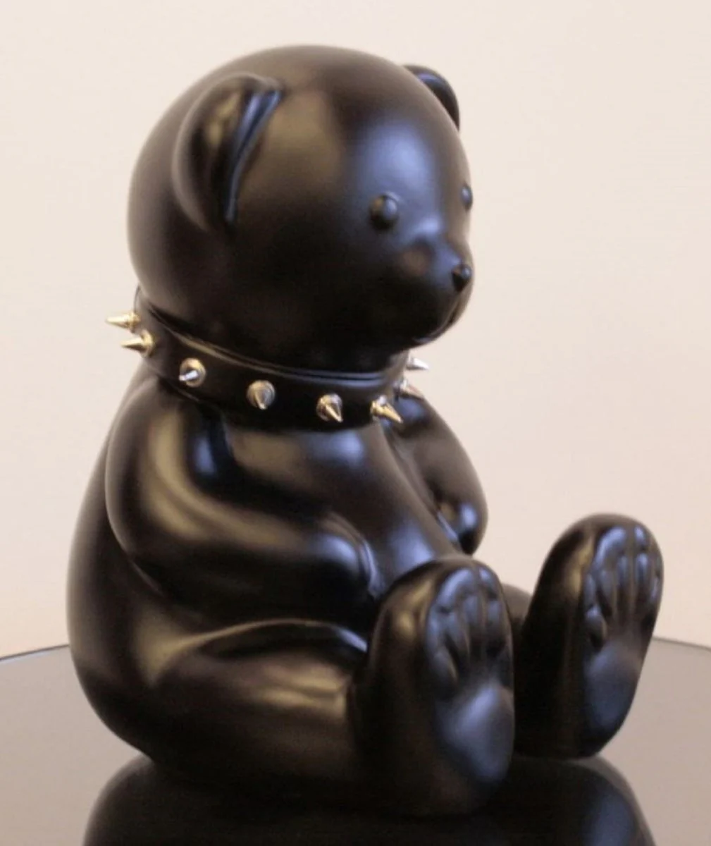 Casa Padrino figura decorativa de diseño de lujo oso de peluche con collar negro / plata A. 31 cm - Escultura decorativa de resina - Figura decorativa de lujo - Figura decorativa de diseño