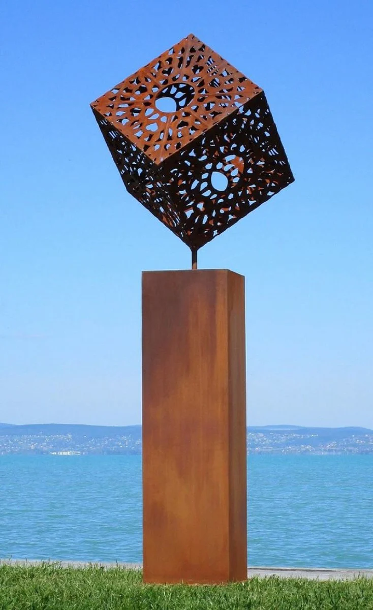 Casa Padrino escultura de metal de decoraci¨®n de jard¨ªn XXL cubo sobre columna ¨®xido A. 216 cm