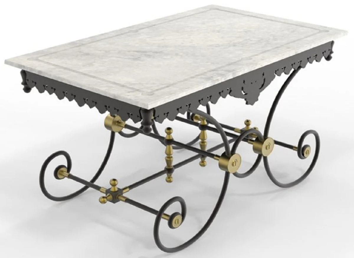 Casa Padrino mesa de jardín Art Nouveau blanco / negro / latón 130 x 80 x A. 75 cm - Nostálgica mesa de jardín y terraza de hierro forjado con tablero de mármol - Muebles de jardín y terraza