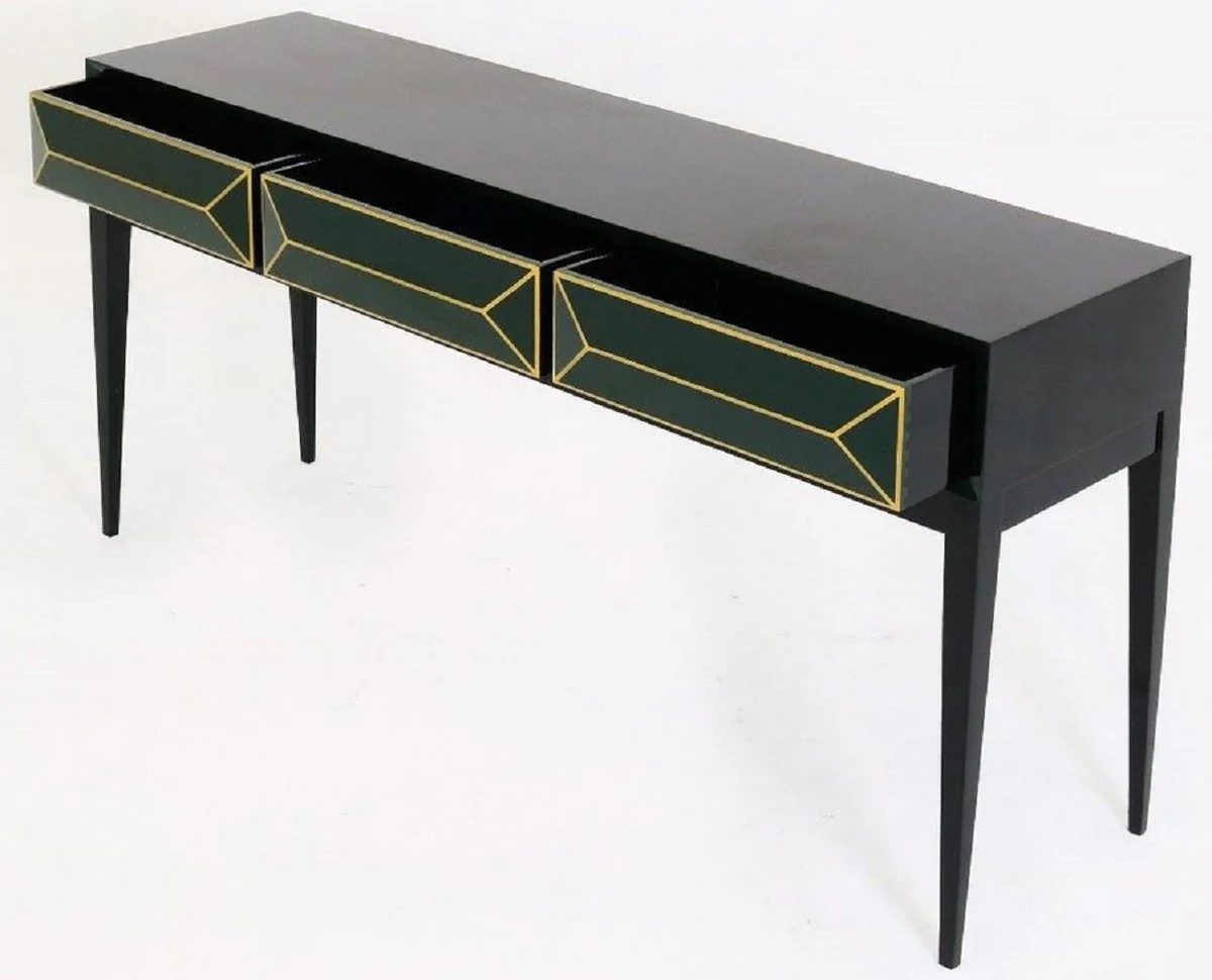 Casa Padrino consola Art Deco de lujo negro / verde / oro 180 x 49 x A. 92 cm - Consola de madera maciza con 3 cajones en ¨®ptica 3D - Mobiliario Art Deco