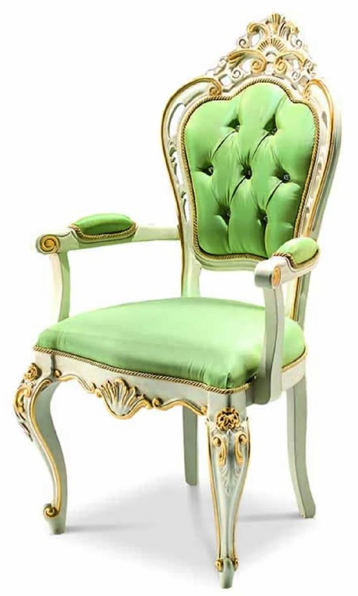 Casa Padrino Silla de Comedor Barroco de Lujo con Reposabrazos Verde / Blanco / Oro - Hecho en Italia