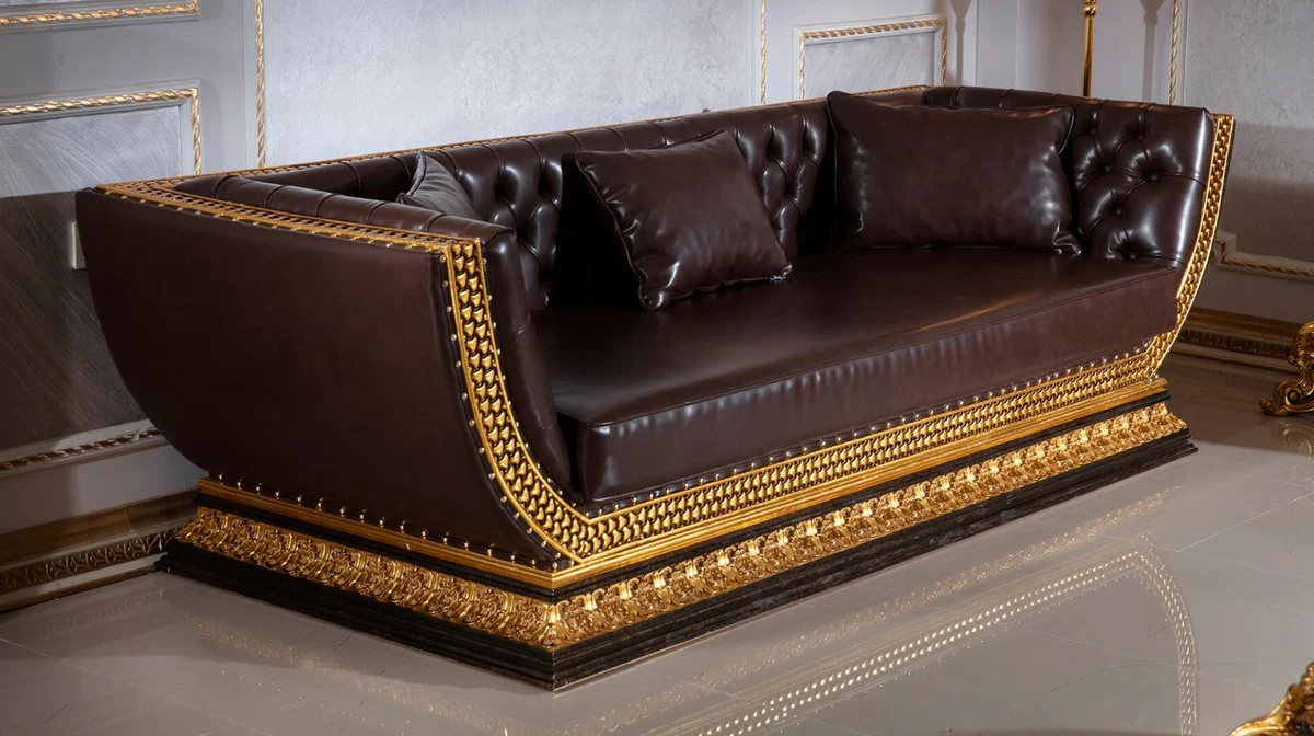 Casa Padrino sof¨¢ barroco Chesterfield de lujo marron oscuro / oro - Magn¨ªfico sof¨¢ de sal¨®n con fina cuero artificial - Muebles de Sal¨®n Barroco Chesterfield