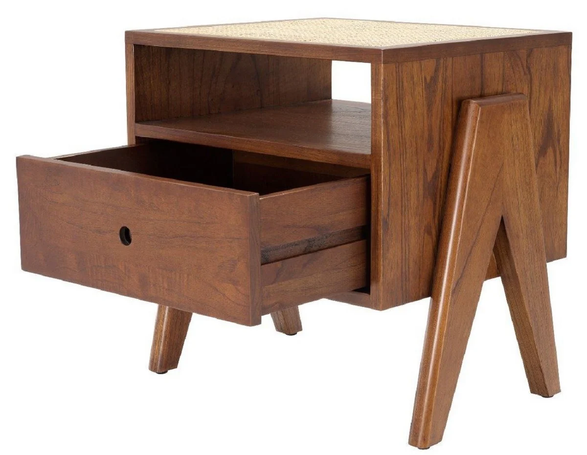 Casa Padrino mesita de noche de lujo marr¨®n / natural 58 x 45 x A. 55,5 cm - Mesa auxiliar de madera maciza con tejido de rat¨¢n - Muebles de dormitorio de lujo