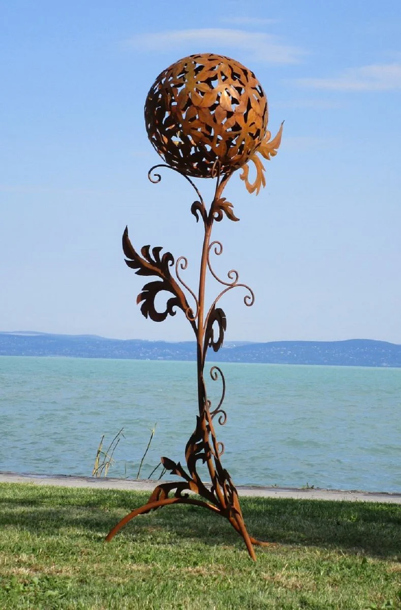 Casa Padrino escultura de jardín barroco de acero columna con bola óxido 85 x 82 x A. 200 cm - Decoración de jardín hecha a mano resistente a la intemperie