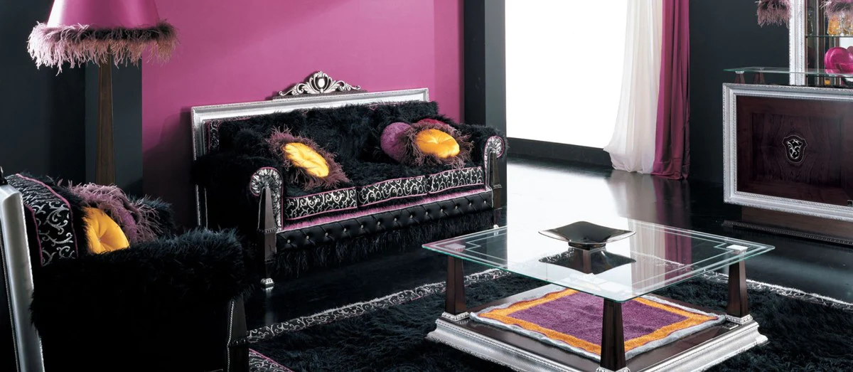 Casa Padrino sof¨¢ barroco de lujo marr¨®n oscuro / negro / plata / p¨²rpura 215 x 80 x A. 120 cm - Magn¨ªfico sof¨¢ de sal¨®n - Calidad de primera clase - Hecho en Italia