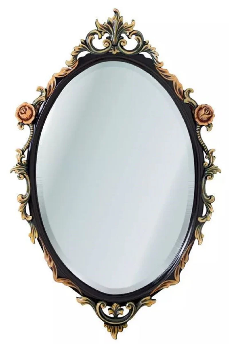 Casa Padrino espejo barroco de lujo negro / multicolor - Espejo de pared ovalado de madera maciza de estilo barroco - Muebles de lujo de estilo barroco - Muebles barrocos - Noble y magn¨ªfico
