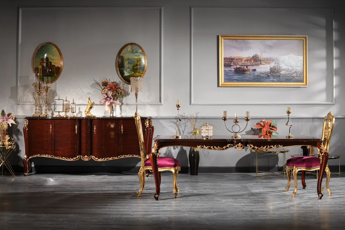 Casa Padrino Conjunto de Comedor Barroco de Lujo - 1 Mesa de Comedor y 6 Sillas de Comedor - Muebles de Comedor en Estilo Barroco - Calidad de Lujo - Hecho en Italia