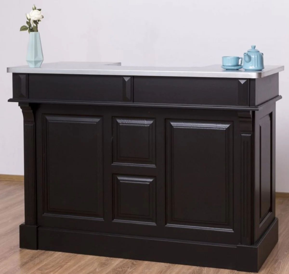 Casa Padrino barra de bar de estilo campestre negro / plata 150 x 65 x A. 107 cm - Barra de bar de madera maciza con sobre de mesa galvanizado - Muebles de bar en estilo campestre