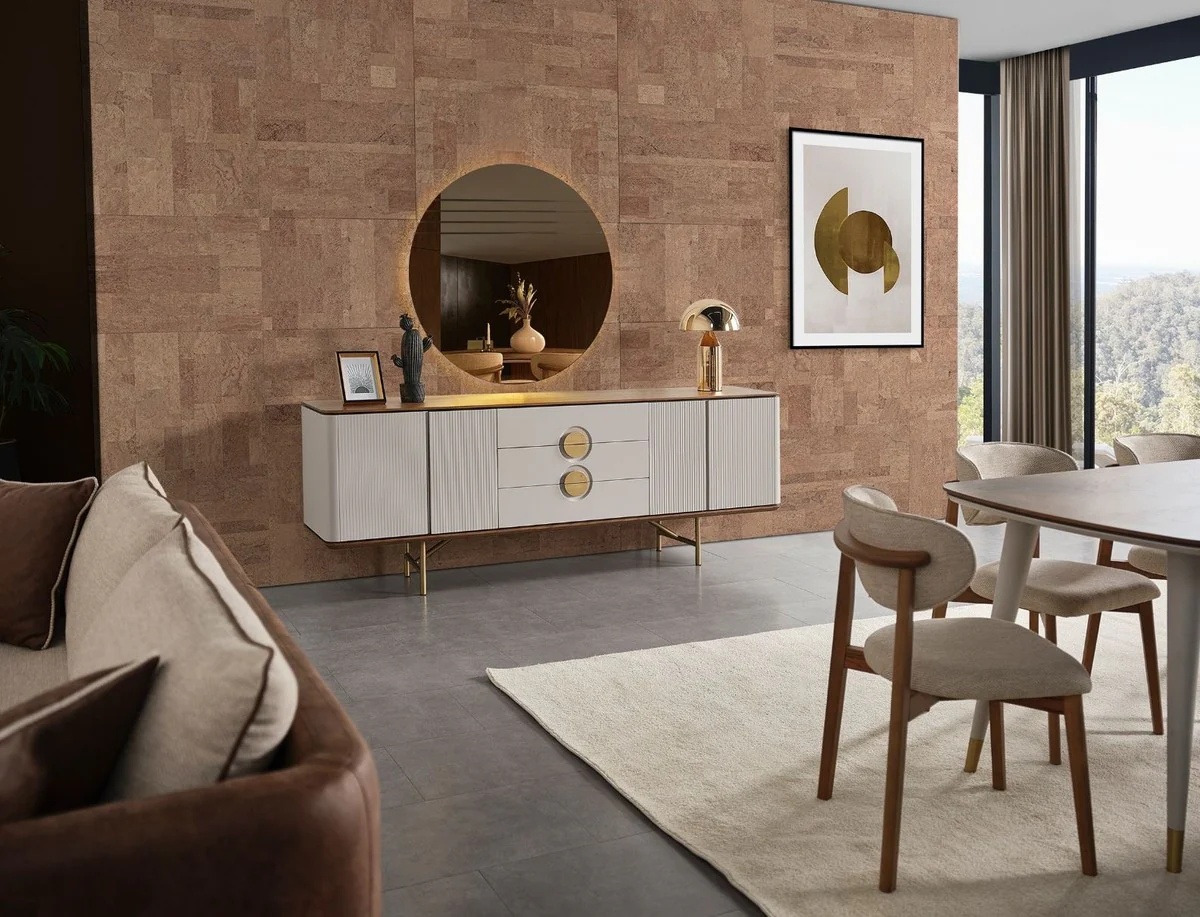 Casa Padrino aparador de lujo gris claro / marrón / latón 220 x 50 x A. 80 cm - Armario de madera maciza con 4 puertas y 3 cajones - Muebles de madera maciza - Muebles de lujo - Interiores de lujo