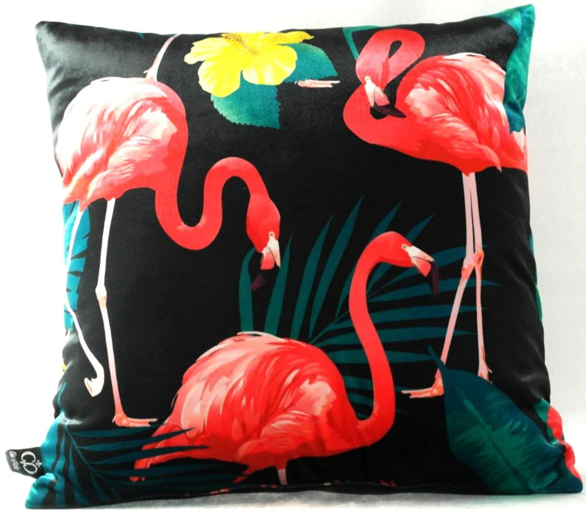 Casa Padrino Almohada de Lujo Malibu Flamencos Negro / Multicolor 45 x 45 cm - Tejido de Terciopelo Más Fino - Almohada Decorativo