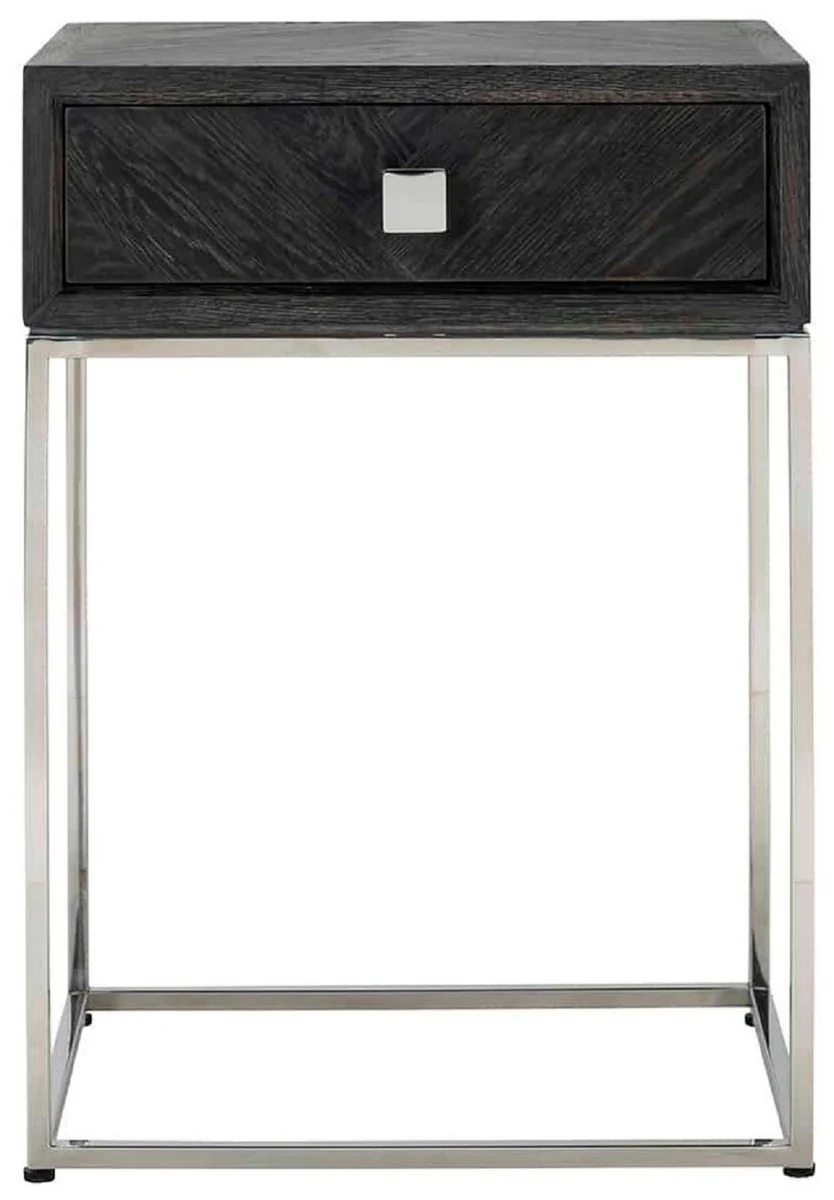 Casa Padrino mesa auxiliar de lujo negro / plata 50 x 40 x A. 71 cm - Mesita de noche de madera maciza con cajón y estructura de acero inoxidable - Muebles de dormitorio de lujo