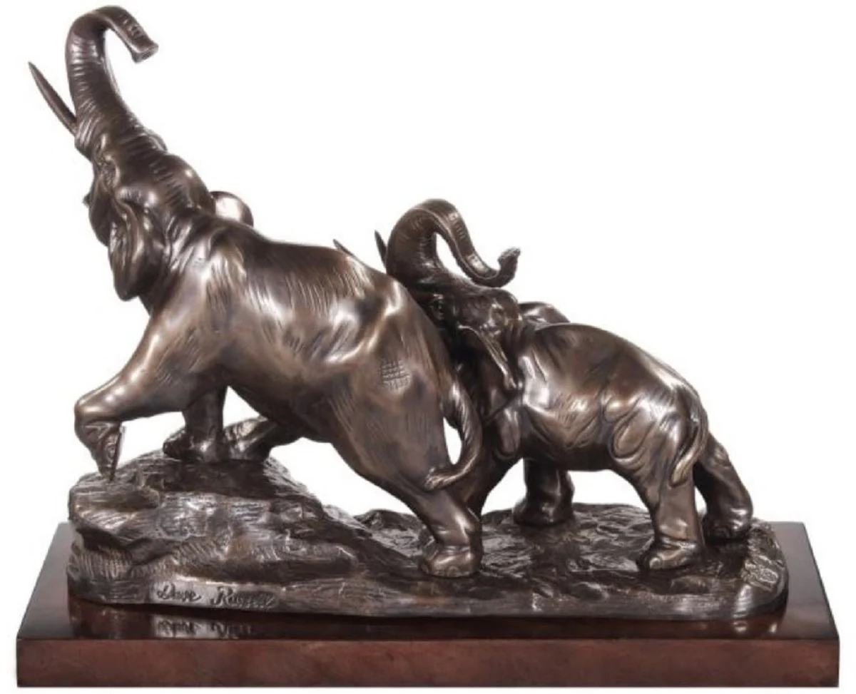 Casa Padrino elefantes de bronce sobre base de madera color bronce / marrón 42 x 17 x H. 33 cm - Figuras Decorativas de Bronce de Lujo