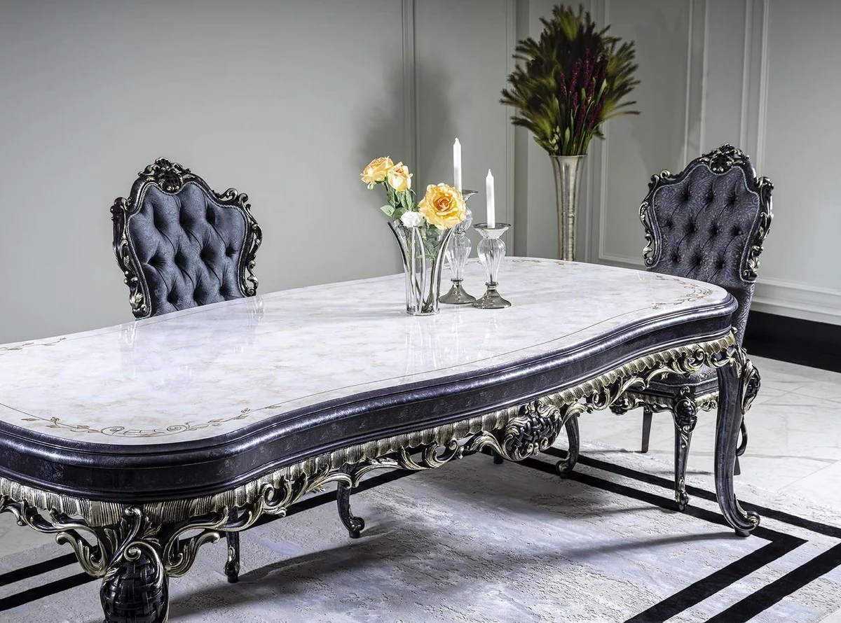 Casa Padrino mesa de comedor barroco de lujo blanco / azul / oro - Mesa de comedor de madera maciza hecha a mano - Muebles de comedor barrocos - Noble y Magn¨ªfico