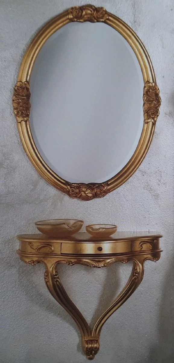 Casa Padrino conjunto de muebles barrocos de lujo oro - 1 Consola de Pared Barroco con Caj¨®n y 1 Espejo de Pared Barroco Ovalado - Muebles Barrocos de Hotel y Castillo - Hecho en Italia