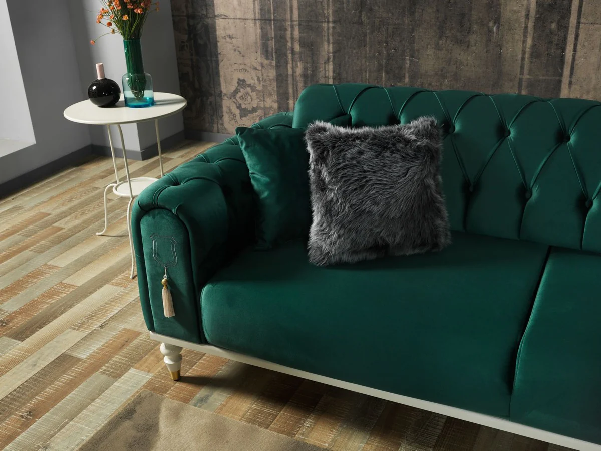 Casa Padrino sof¨¢ cama Chesterfield de lujo verde / blanco / oro 230 x 95 x A. 83 cm - Sof¨¢ de sal¨®n con 3 almohadas - Muebles de sal¨®n de lujo