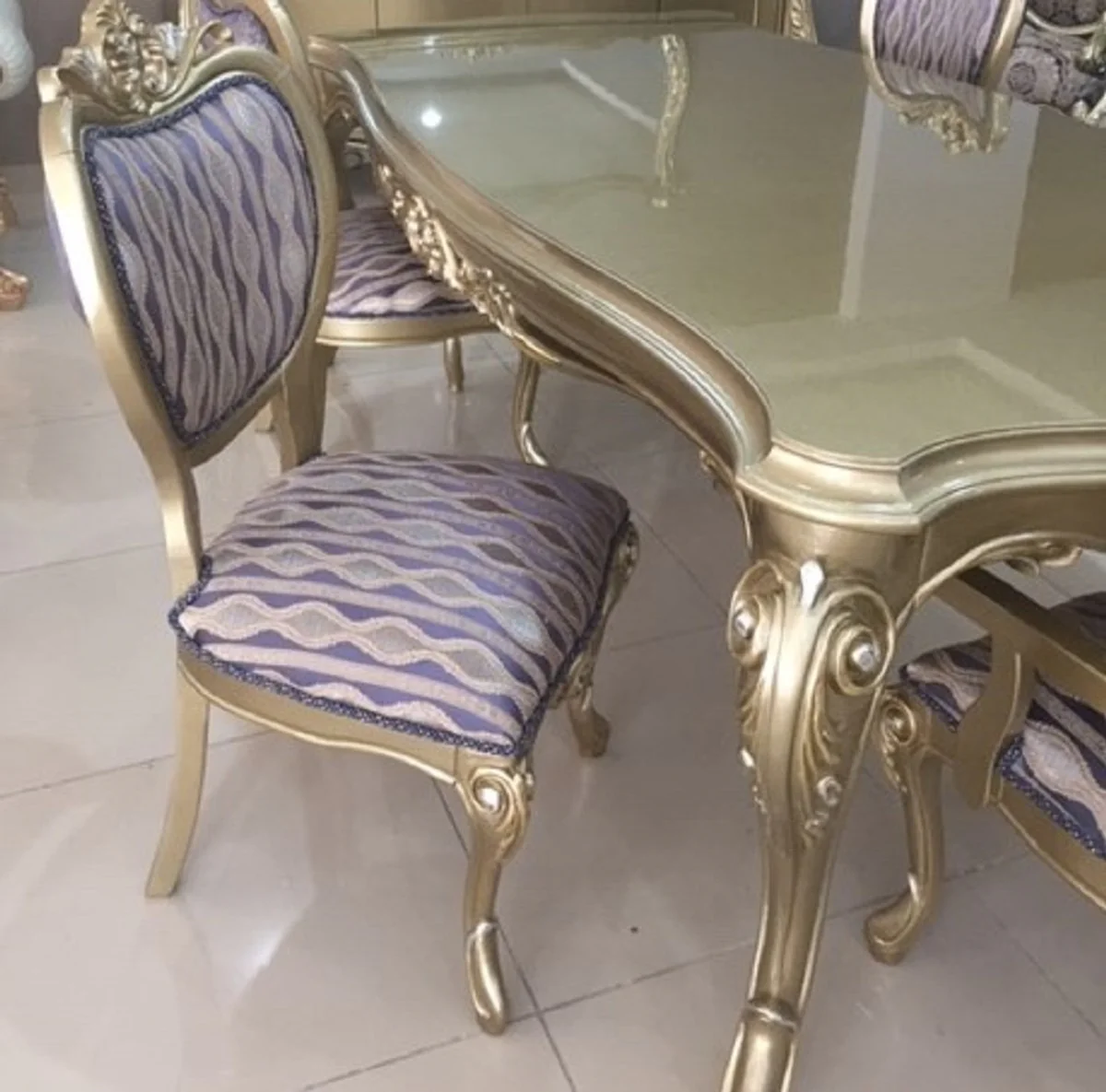 Casa Padrino conjunto de comedor barroco de lujo azul / oro / plata - 1 Mesa de Comedor Barroco y 6 Sillas de Comedor Barrocos - Muebles de comedor de lujo estilo barroco