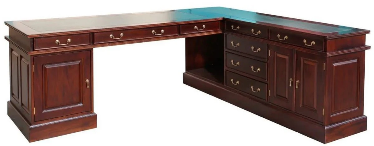 Casa Padrino escritorio esquinero de caoba de lujo marr¨®n oscuro / verde 225 x 200 x A. 80 cm - Mesa de oficina de madera maciza - Muebles de oficina de caoba - Muebles de oficina de lujo