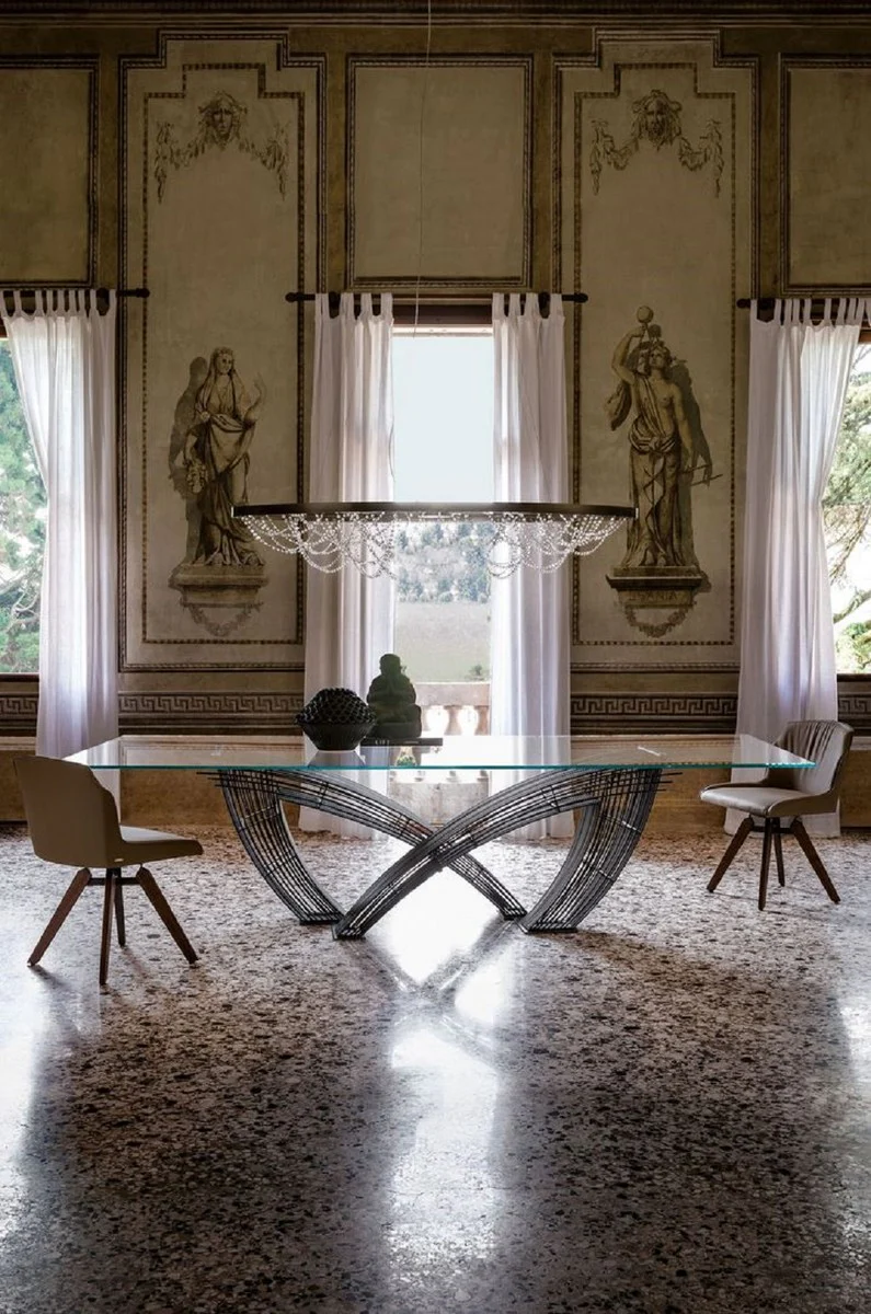 Casa Padrino Mesa de Comedor de Lujo con Tapa de Vidrio Gris - Varios Tama?os - Hecho en Italia