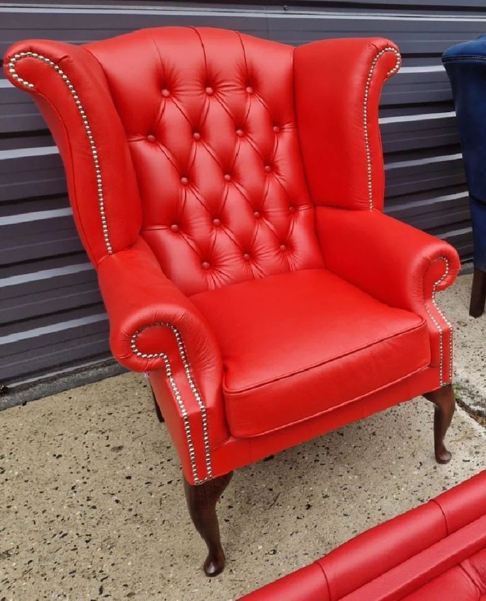 Casa Padrino sill¨®n orejero Chesterfield de lujo rojo / marr¨®n oscuro 98 x 90 x A. 110 cm - Sill¨®n de sal¨®n Chesterfield de cuero genuino - Muebles de Sal¨®n Chesterfield de Lujo de Cuero