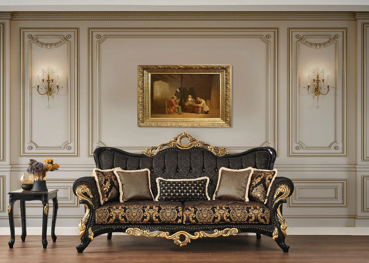 Casa Padrino sof¨¢ barroco de lujo negro / oro 230 x 80 x A. 126 cm - Magn¨ªfico sof¨¢ de sal¨®n con patr¨®n elegante y cojines decorativos - Muebles de sal¨®n barrocos