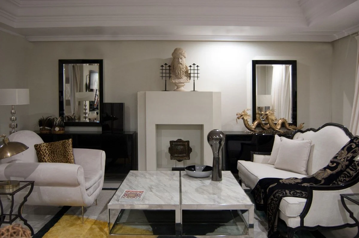 Casa Padrino sof¨¢ barroco de lujo blanco / negro 185 x 95 x A. 111 cm - Sof¨¢ de sal¨®n con cojines decorativos - Muebles barrocos nobles