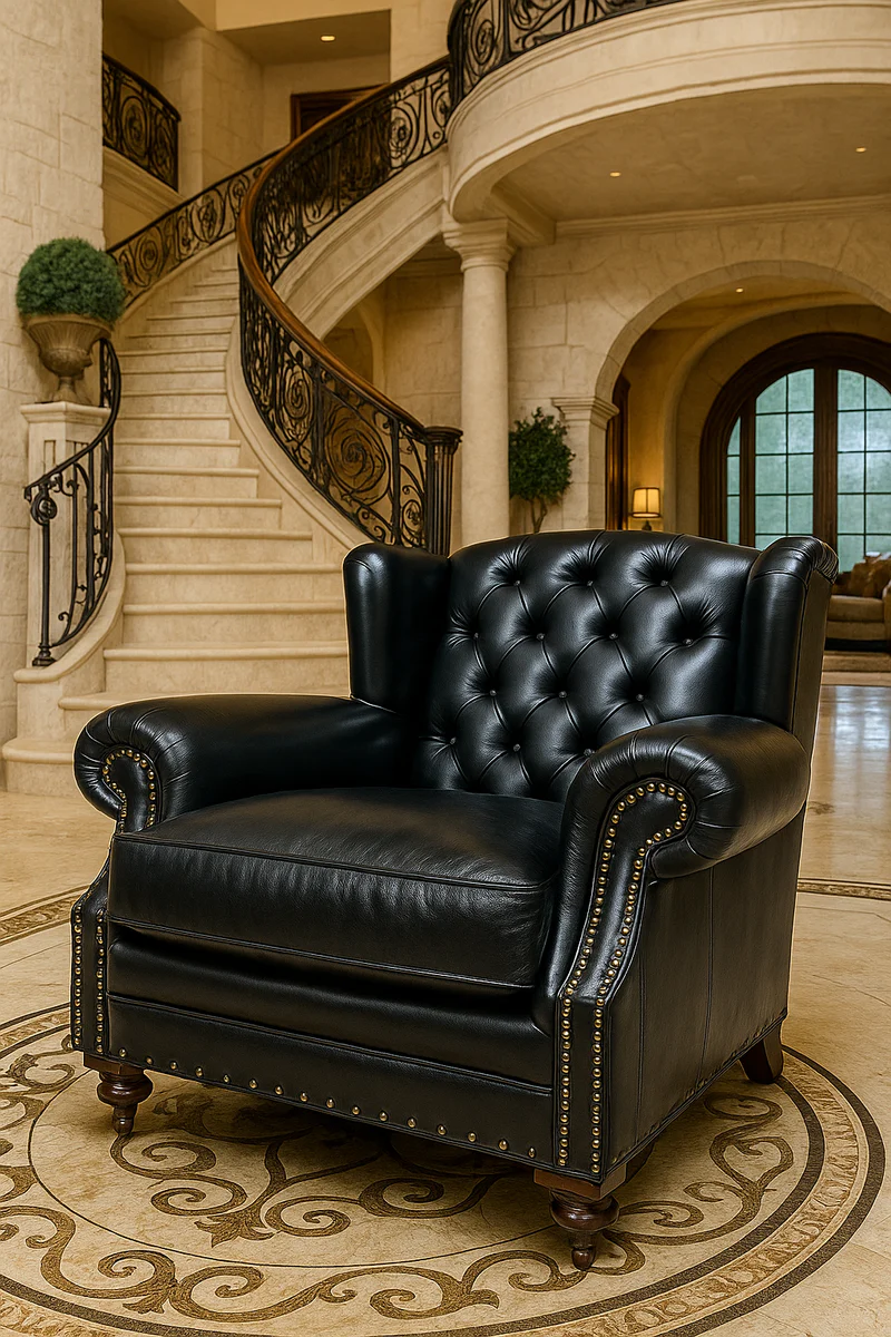 Casa Padrino sill¨®n orejero Chesterfield de lujo en cuero negro / marr¨®n oscuro - Sill¨®n Chesterfield en cuero genuino - Muebles de sal¨®n - Muebles Chesterfield - Muebles de lujo