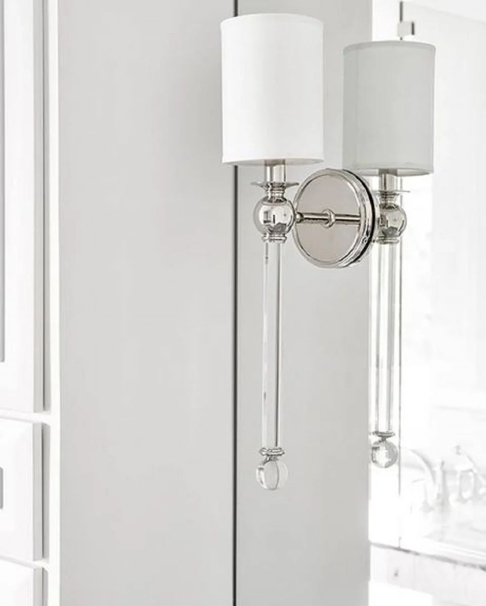 Casa Padrino lámpara de pared de lujo plata / blanco 12,7 x 17,2 x H. 56,5 cm - Lámpara de Pared con Cristal y Pantalla de Seda Redonda