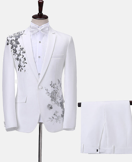 Elegant Floral Sequin Lapel Collar Blazer & Pants 2Pcs Set