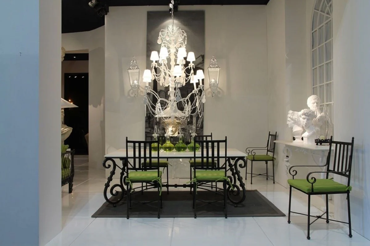 Casa Padrino silla de jardín Art Nouveau de lujo con reposabrazos y cojin de asiento negro / verde 47 x 50 x A. 103 cm - Silla de comedor forjada a mano - Muebles de Comedor de Jardín de Patio