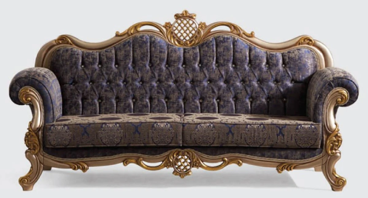 Casa Padrino sof¨¢ barroco de lujo azul / plata / oro 230 x 85 x A. 120 cm - Magn¨ªfico sof¨¢ de sal¨®n con patr¨®n elegante - Muebles de estilo barroco