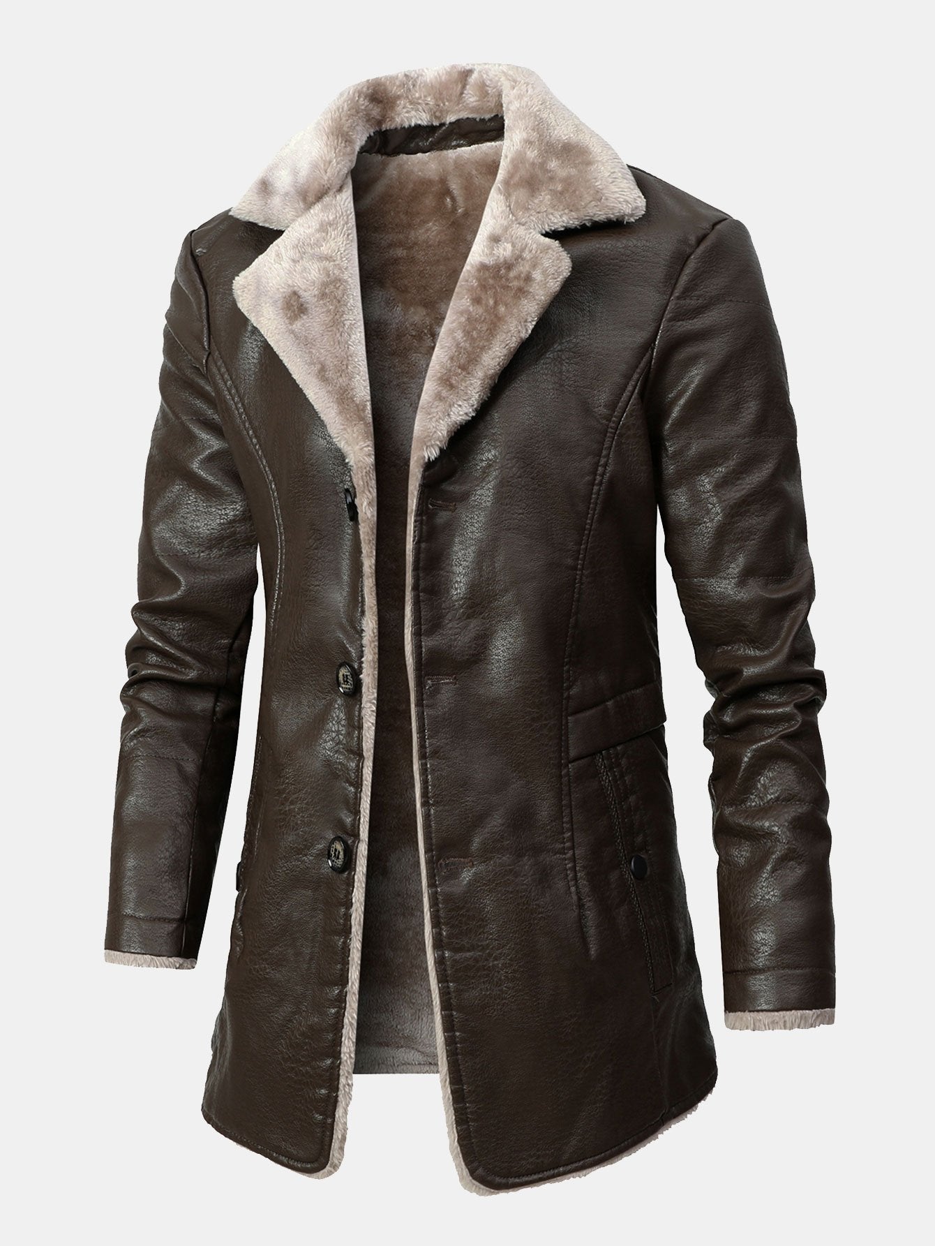 Long Line Faux Fur Lined PU Leather Coat