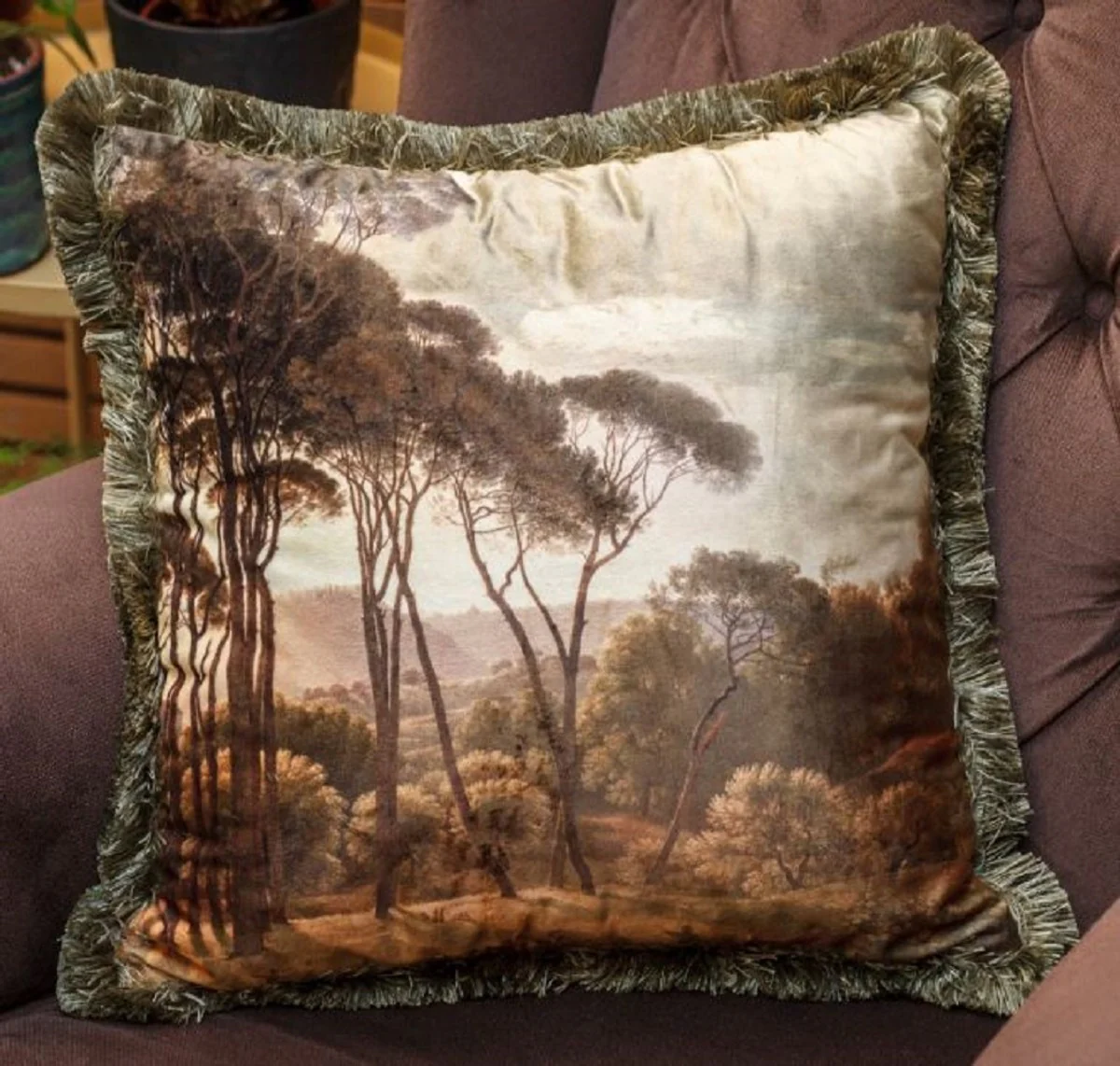 Casa Padrino almohada decorativa de lujo paisaje multicolor / verde 45 x 45 cm - Almohada de terciopelo estampada con flecos - Colección de Lujo