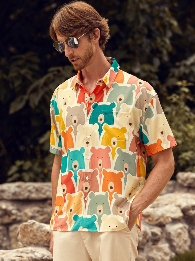 Little Bear Chest Pocket Short Sleeve Casual Shirt