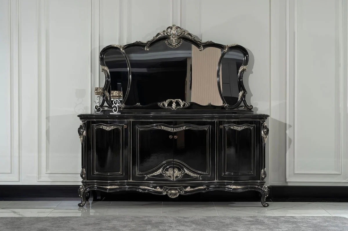 Casa Padrino aparador barroco de lujo con espejo negro / plata - Muebles de lujo en estilo barroco - Muebles barrocos - Interiores barrocos - Noble y Magnífico