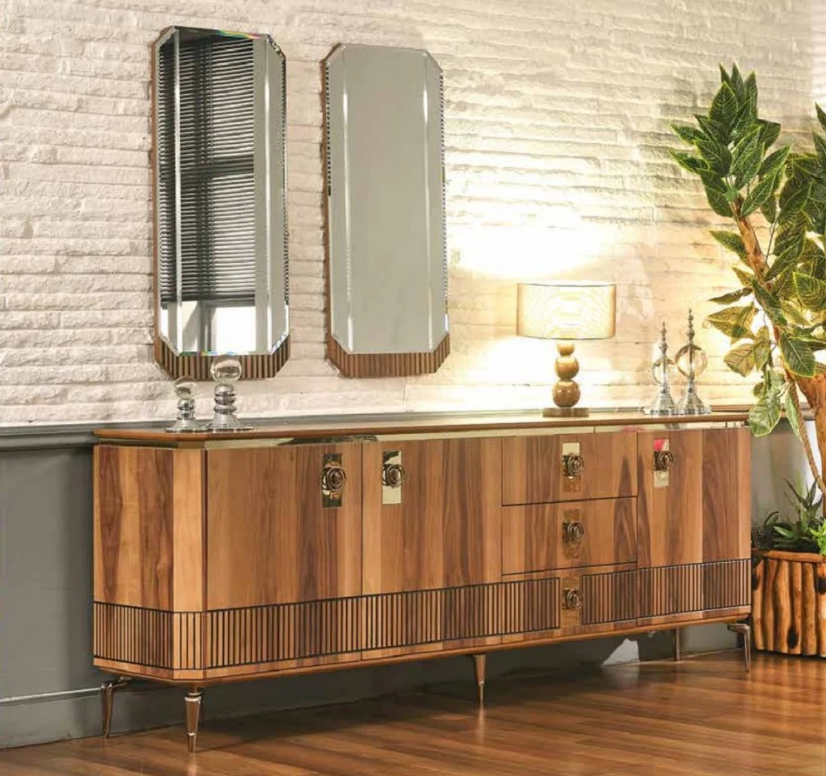 Casa Padrino aparador Art Deco de lujo marrón / oro 200 x 41 x A. 77 cm - Gabinete noble de madera maciza con 3 puertas y 3 cajones - Muebles Art Deco - Muebles de lujo