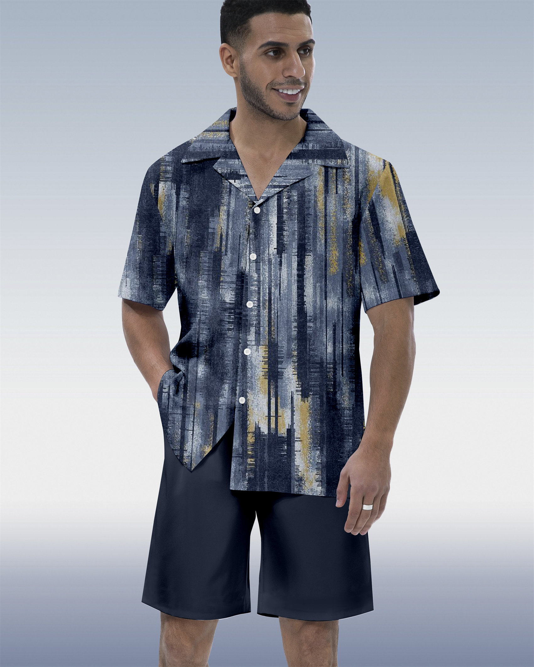 Men's Vacation Bowling Cuban Collar Short Sleeve Shirt Set 065