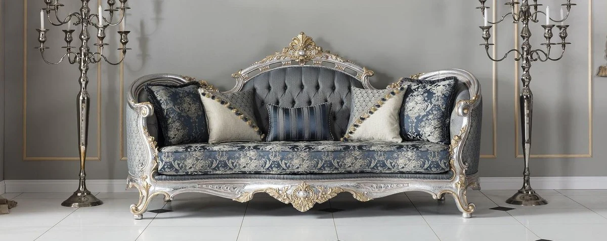Casa Padrino sof¨¢ de sal¨®n barroco de lujo con cojines decorativos gris / azul / plata / oro 250 x 95 x A. 125 cm - Noble & Magn¨ªfico