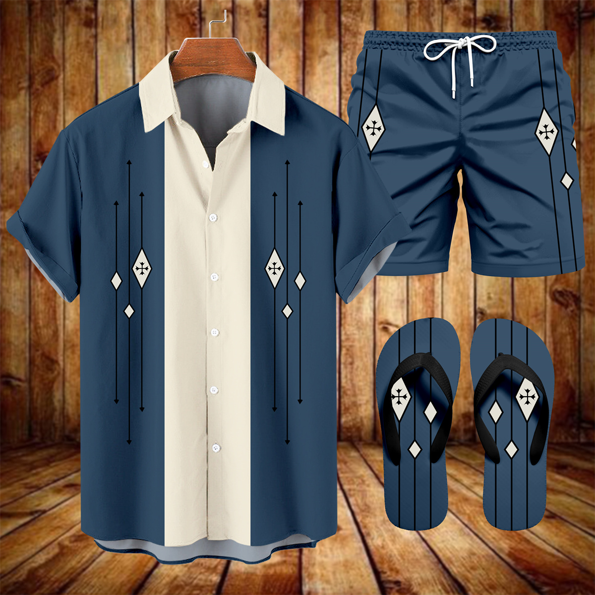 Suitmens Men's Hawaii Vacations Print Shirt Three-Piece Set 054