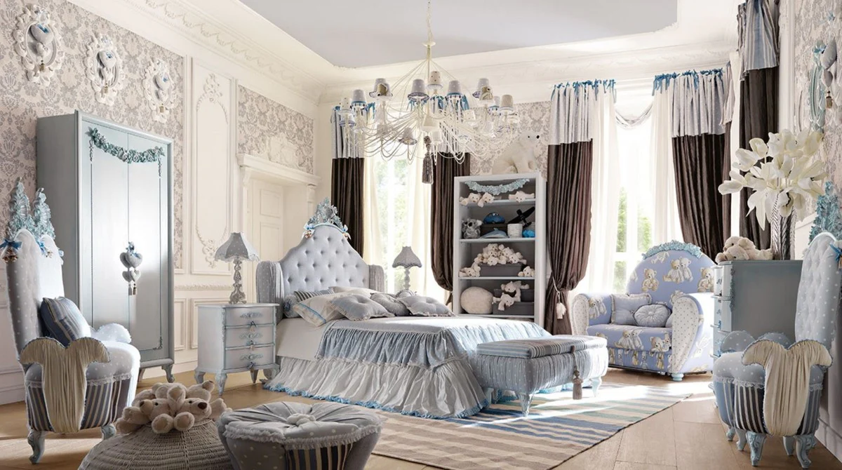 Casa Padrino sofá infantil barroco de lujo gris / multicolor / azul claro - Sofá de habitación infantil barroco - Muebles de habitación infantil barrocos - Calidad primera clase - Hecho en Italia